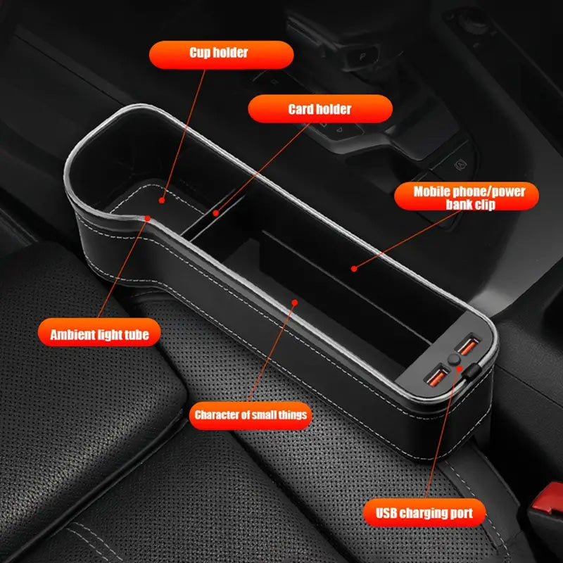 Oppbevaringsboks for bilsete med Led-omgivelseslys/Car Seat Gap Storage Box with LED Ambient Light