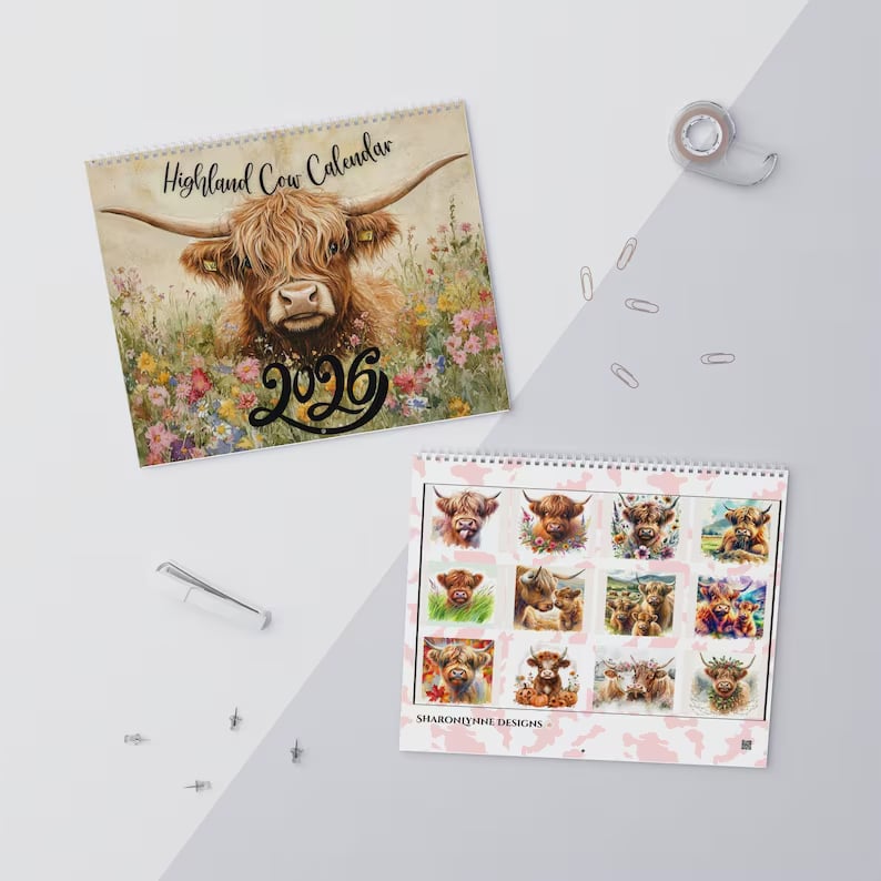 🐮Highland Cow Calendar 2026 - Rustikk veggkunst og månedsplanlegger📅
